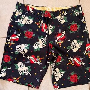 Loudmouth Golf Skull Rose Tattoo Shorts Men’s 38 Black Novelty Print